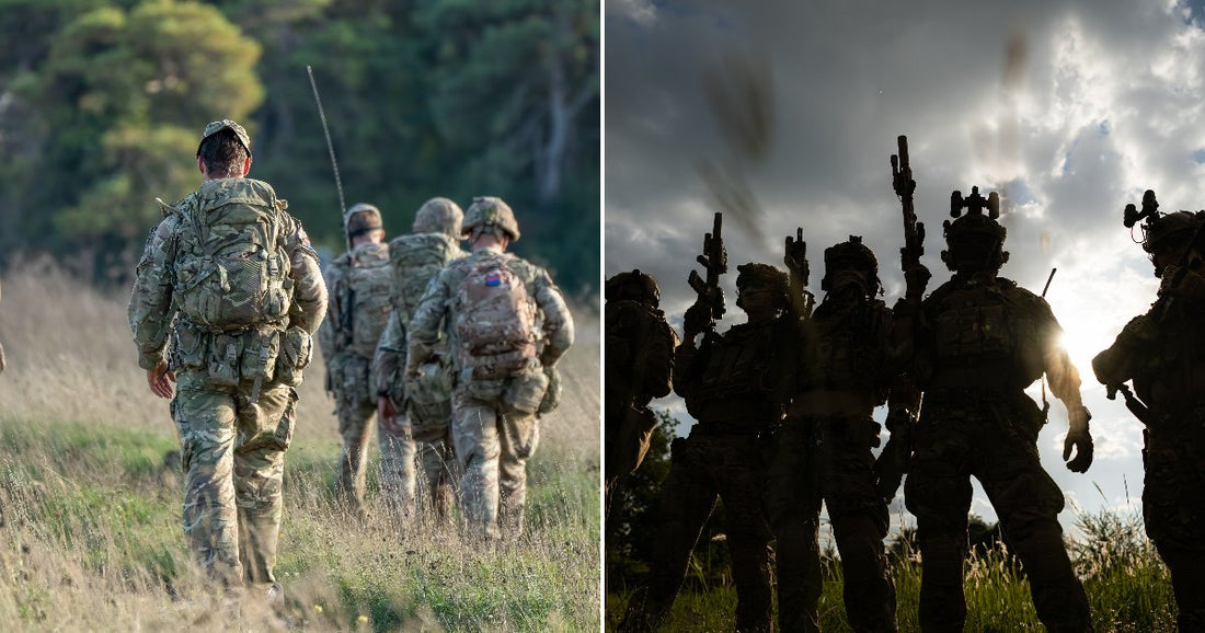 On the left, soldiers in camouflage carry heavy packs while hiking through a grassy field; on the right, armed soldiers stand silhouetted against a dramatic cloudy sky.