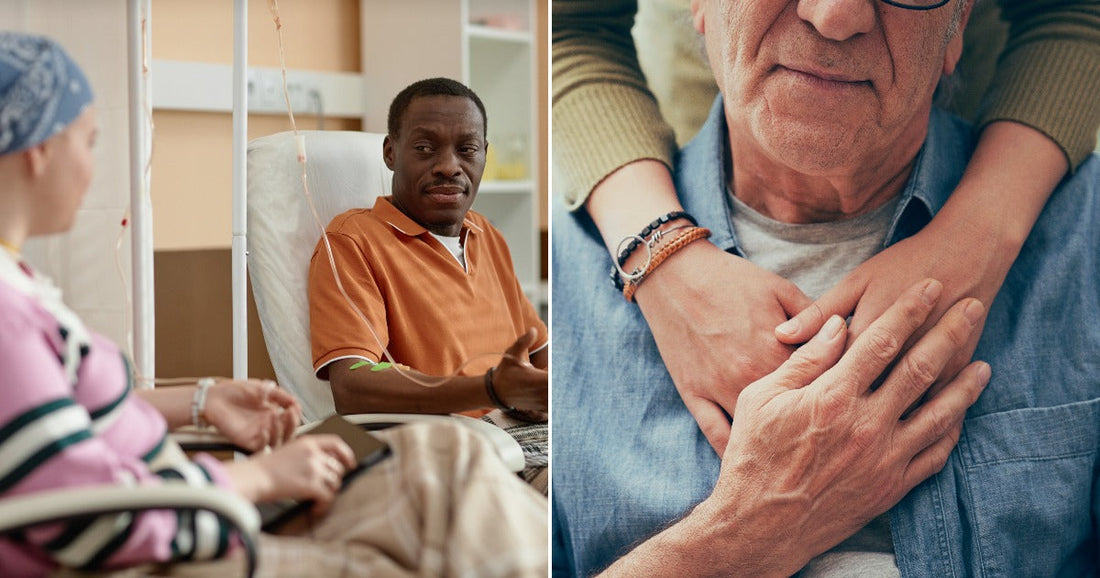 On the left, two people sit in recliners in a medical infusion setting, conversing; on the right, an older man is embraced warmly from behind by another person.