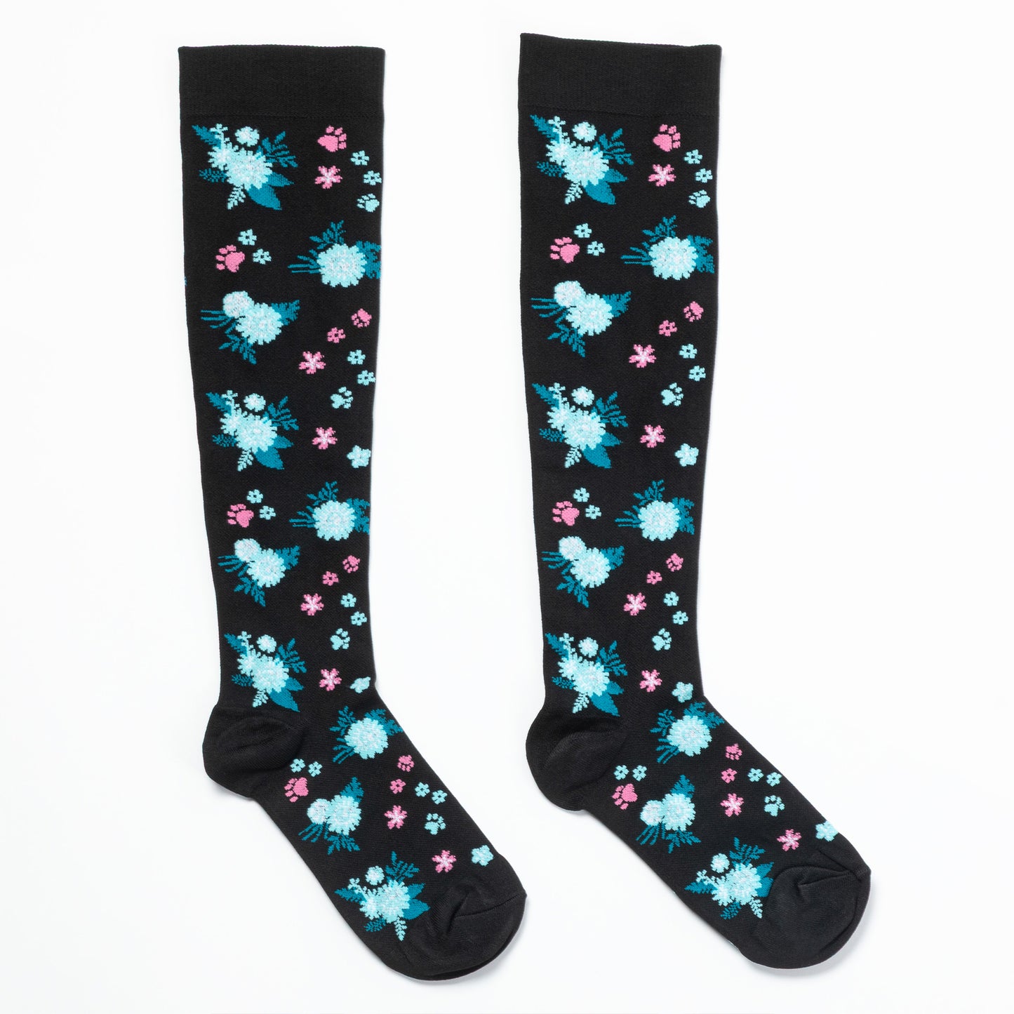 Black knee-high compression socks with floral pattern and paws on a white background.
