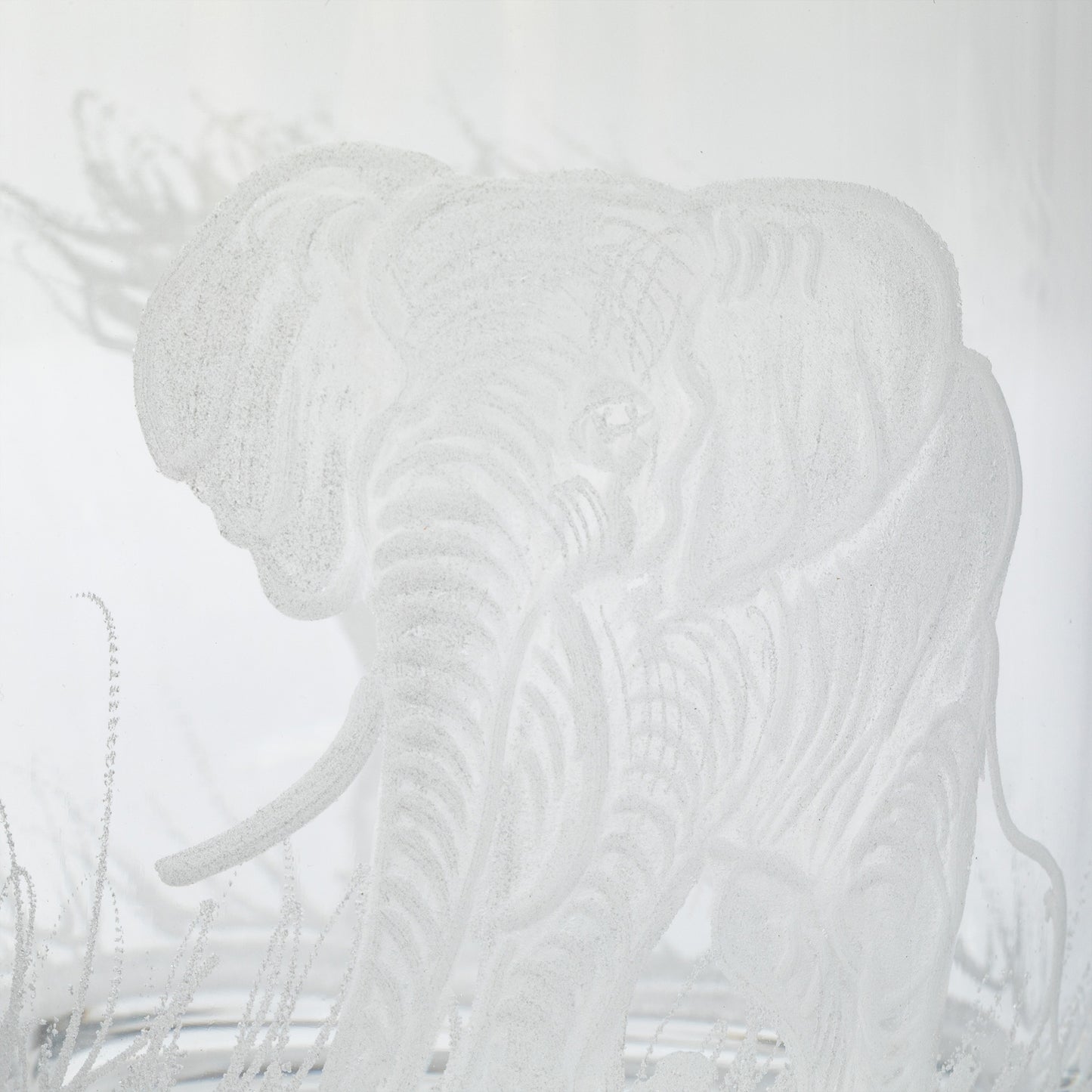 White elephant silhouette on a clear glass on a white background