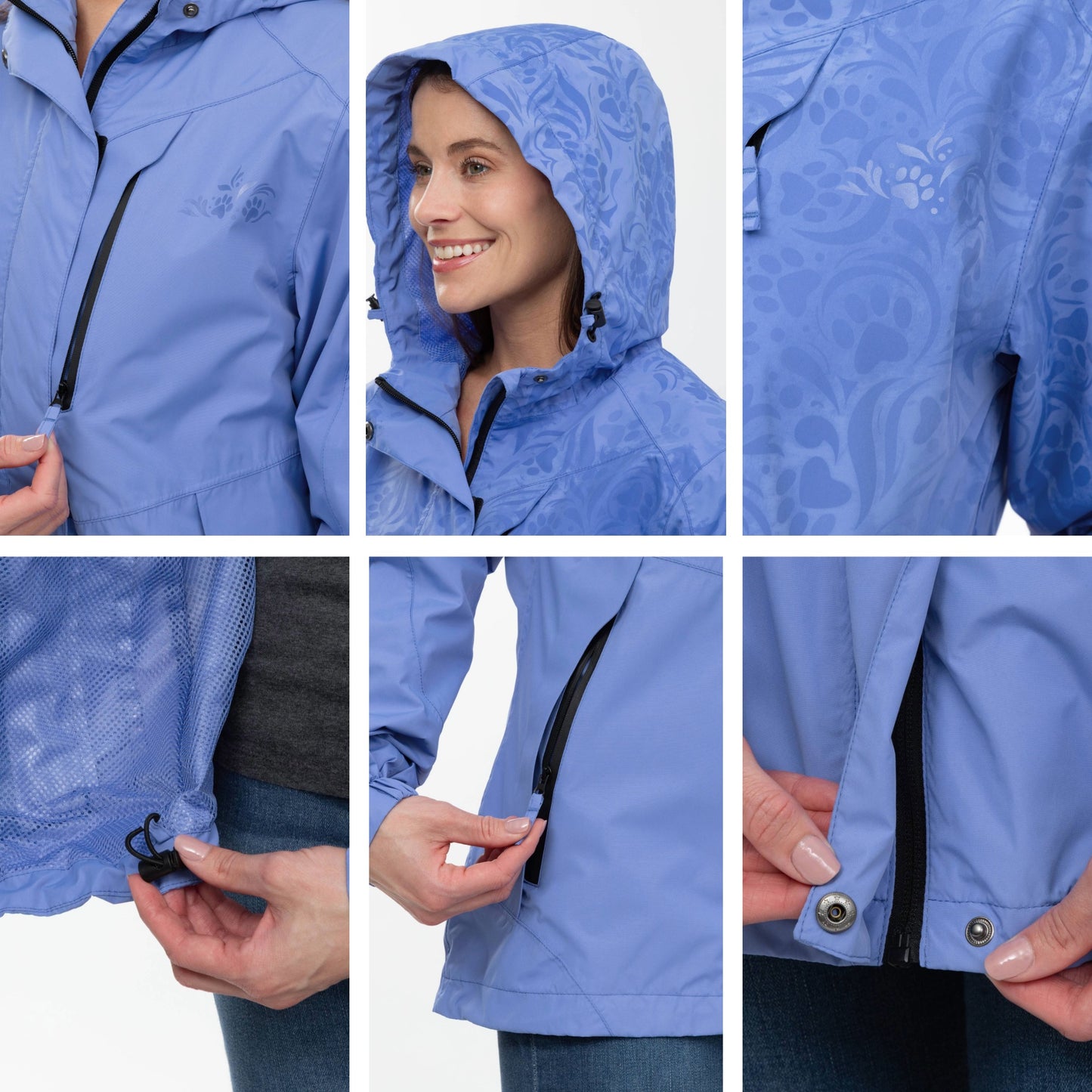 Collage of a periwinkle raincoat with various views and details.