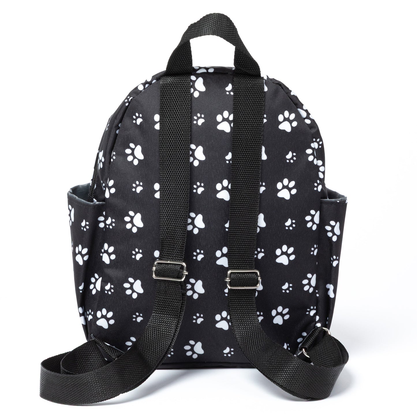 Black backpack with white paw prints on a white background