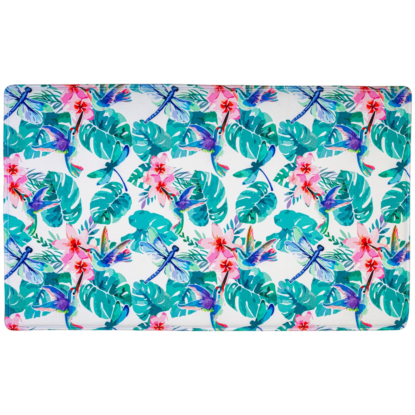 Memory foam floor mat with tropical leaf and flower pattern on a white background.