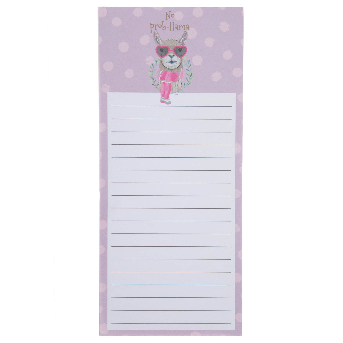 A lined notepad with pink polka dots and a llama with pink heart sunglasses on and the phrase "no prob-llama," on a white refrigerator.