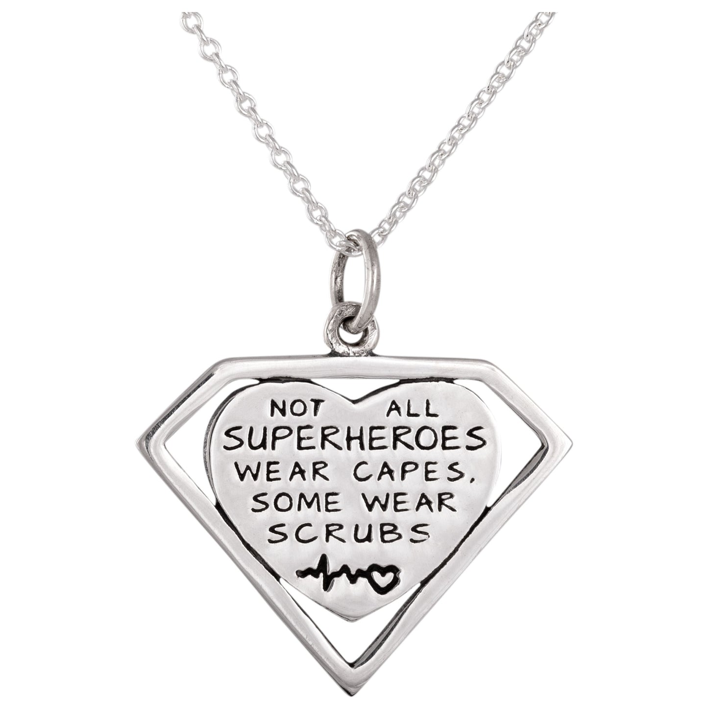Silver necklace with a superhero-themed pendant and a heart, on a white background