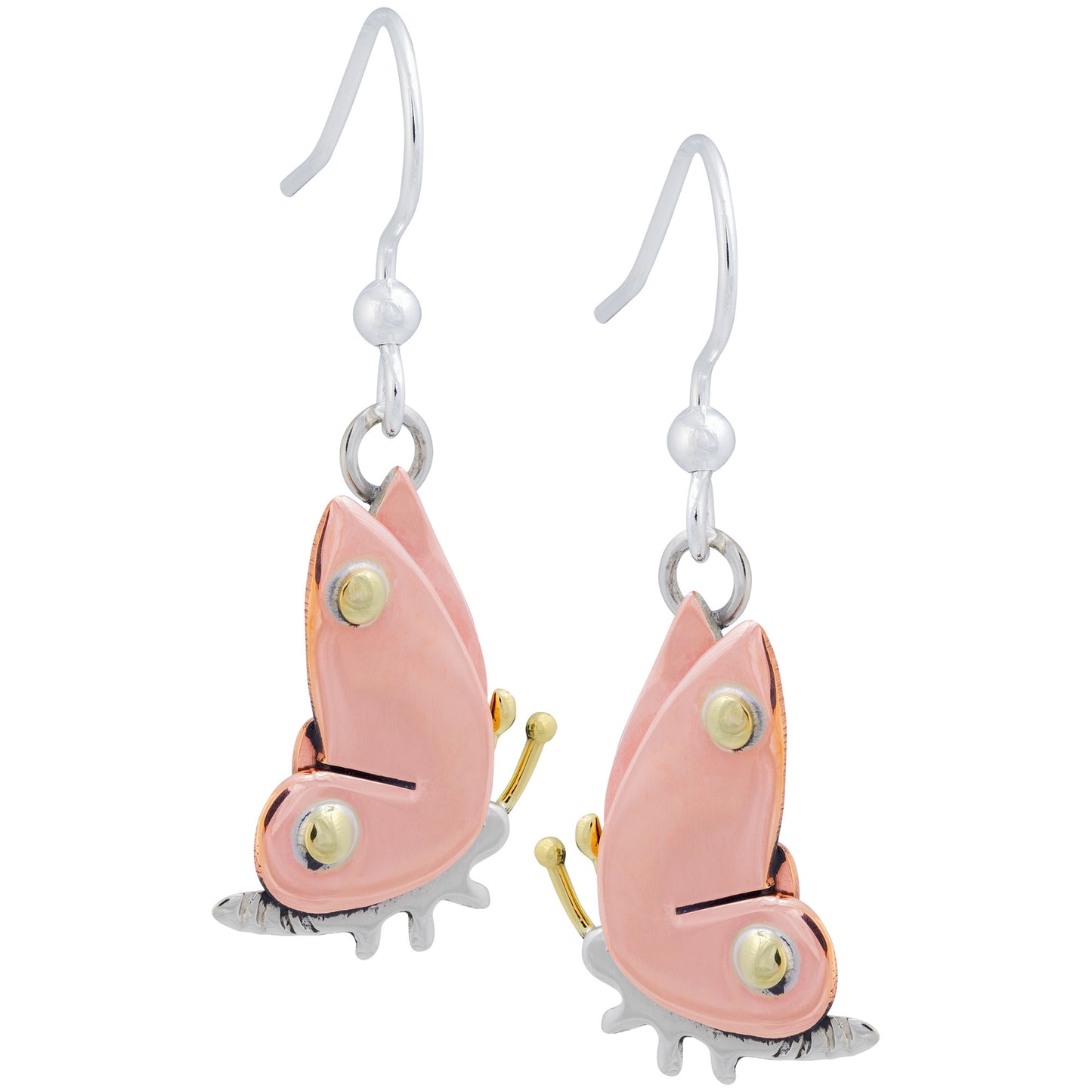 Butterfly-shaped earrings with copper, brass, and silver details on a white background.