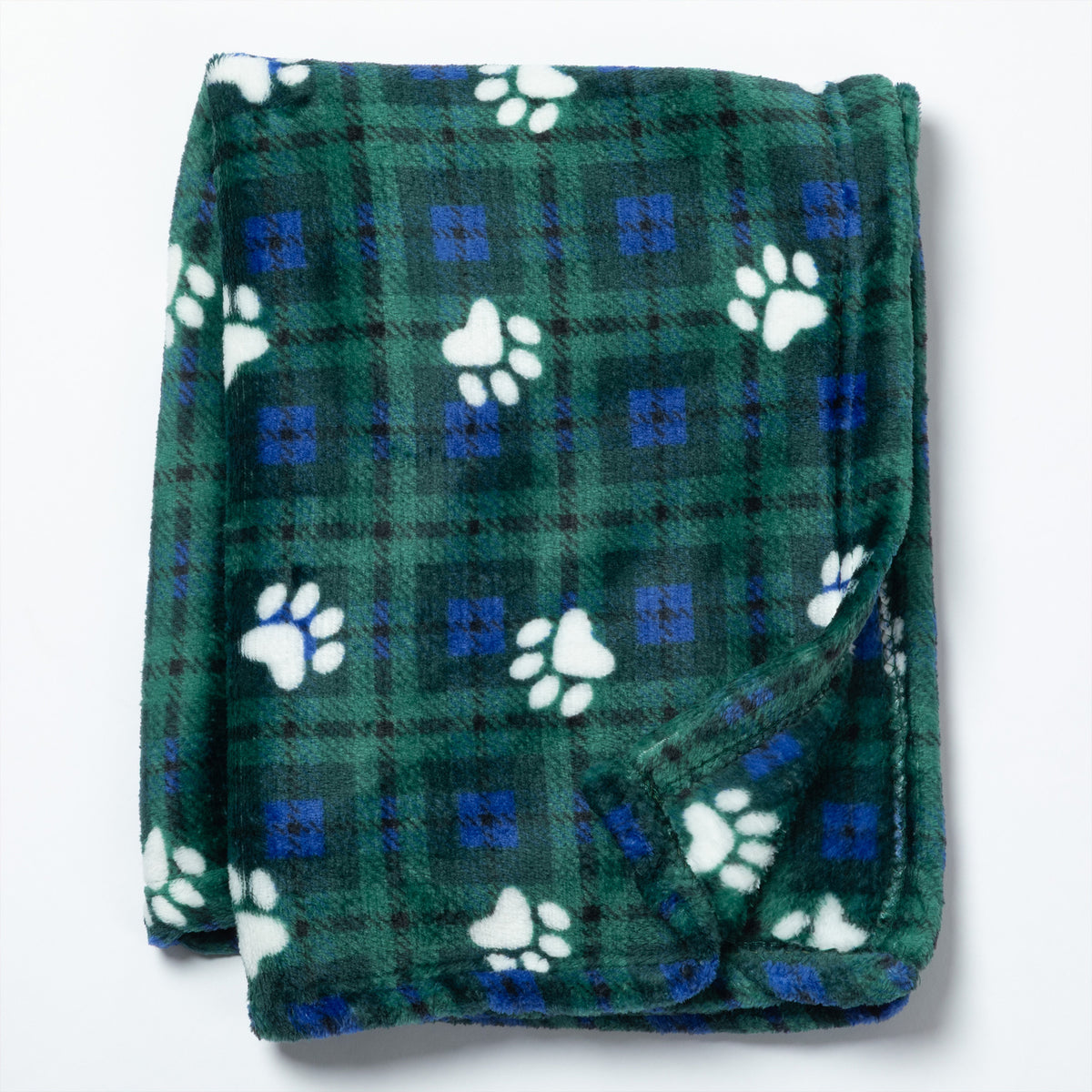 A folded green plaid blanket with white paw prints and small blue square motifs, shown on a plain white background.
