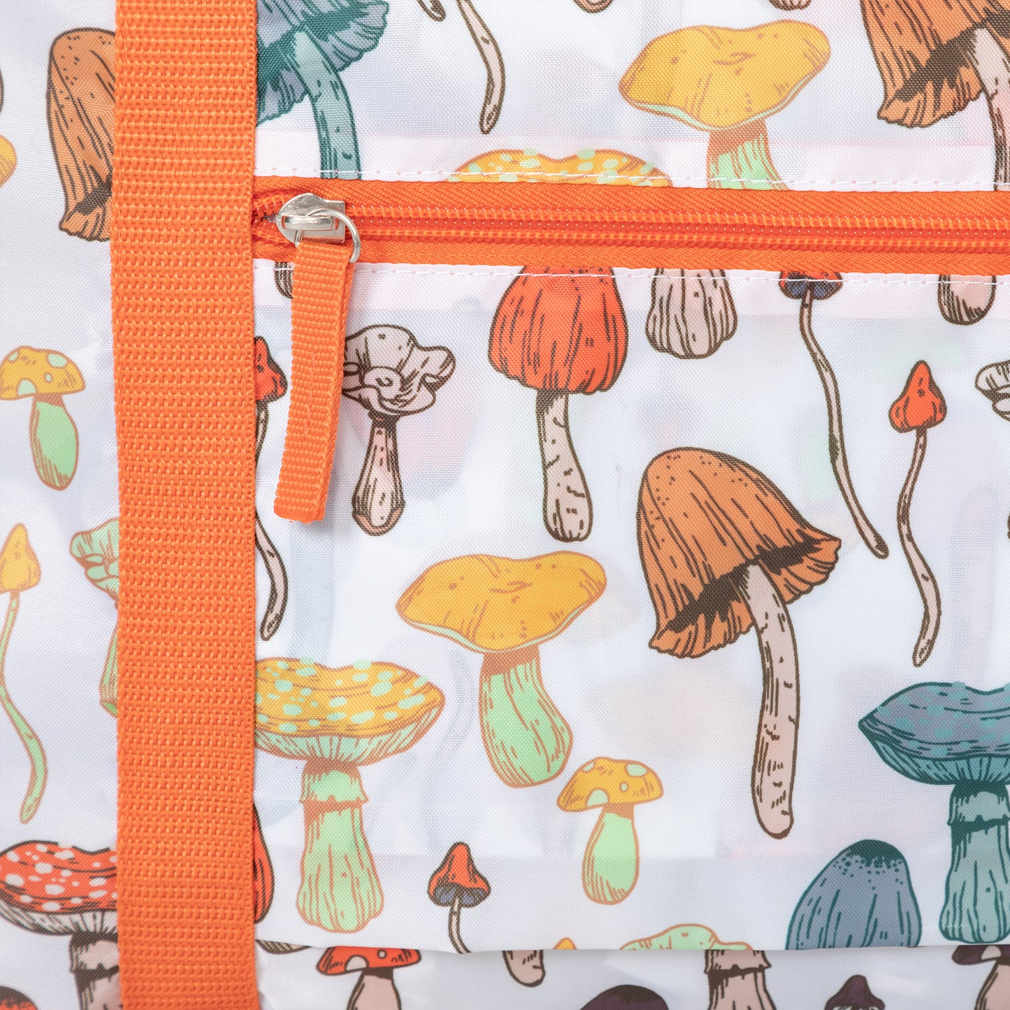 A white cottagecore duffel bag patterned with cute various mushrooms. The zipper and the handles are both orange.