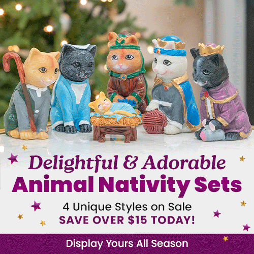 Animal Nativity Sets from The Animal Rescue Site and GreaterGood featuring colorful cat and dog figurines in festive robes. Proceeds help support shelter pets and more.