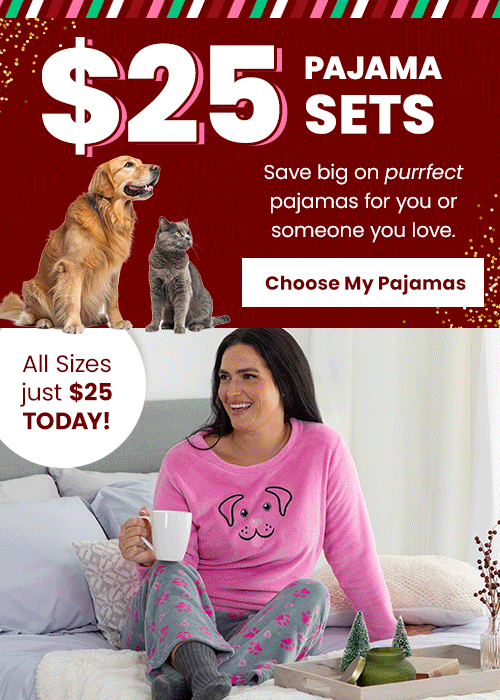 $25 Pajama Sets from The Animal Rescue Site and GreaterGood, proceeds help support shelter pets and more, featuring pink dog-print top and gray paw-pattern pajama pants.