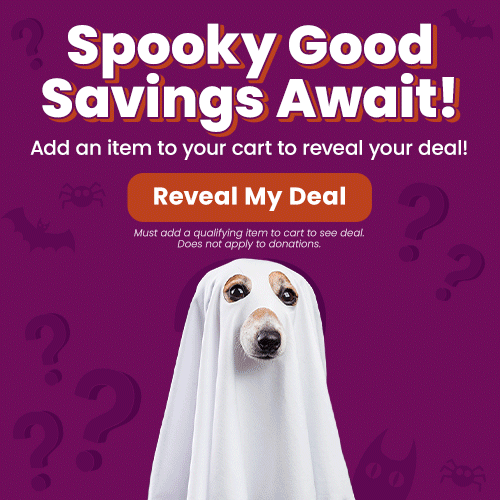 Spooky Good Savings promotion from The Animal Rescue Site and GreaterGood featuring a ghost-costumed dog with a pumpkin pail. Proceeds help support shelter pets and more.