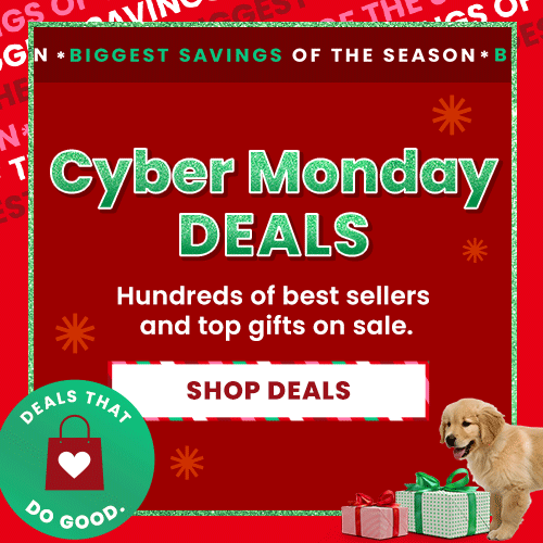 Cyber Monday Deals from The Animal Rescue Site and GreaterGood, proceeds help support shelter pets and more, featuring green-and-red wrapped gift boxes and holiday puppy imagery.