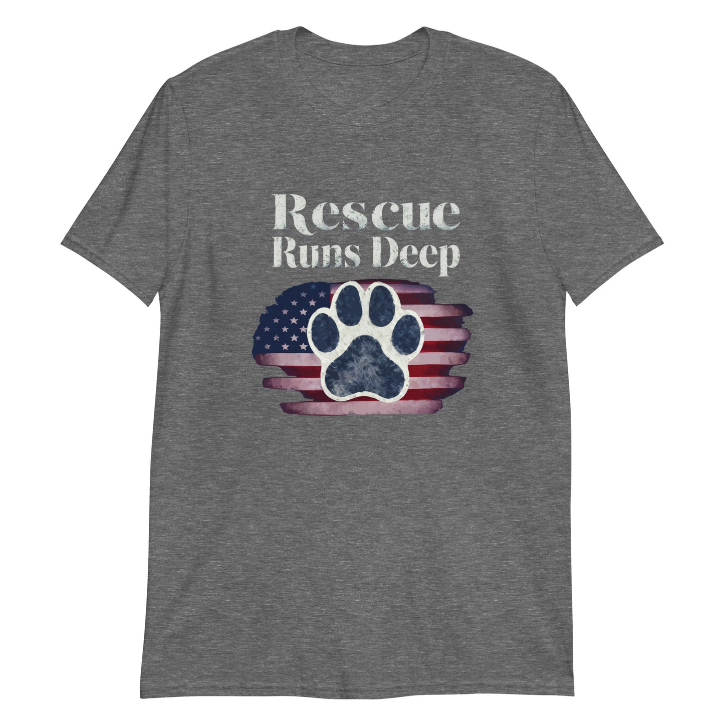 Light gray t-shirt with 'Rescue Runs Deep' text and paw print design on a white background