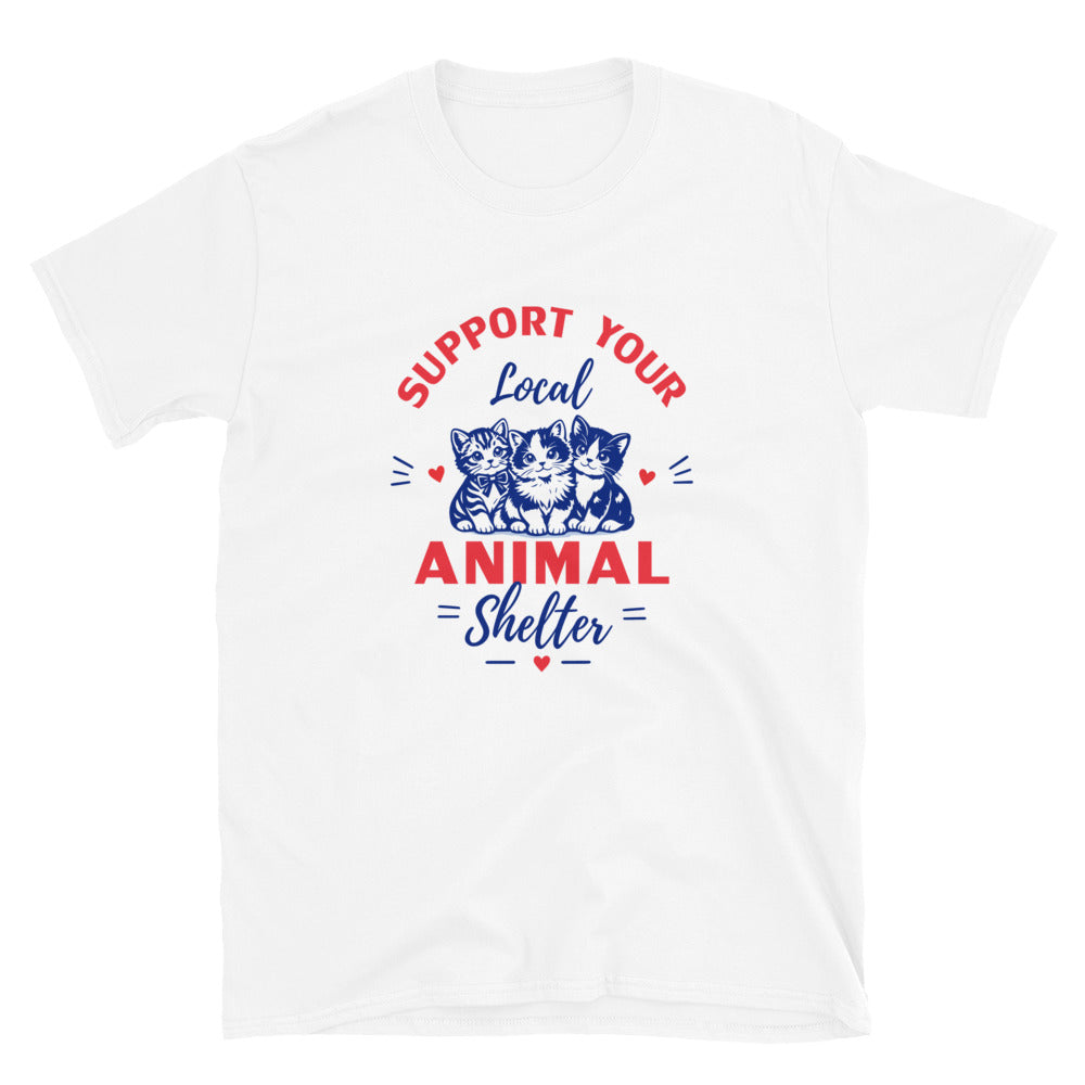White t-shirt with 'Support Your Local Animal Shelter' text and cat illustrations on a white background