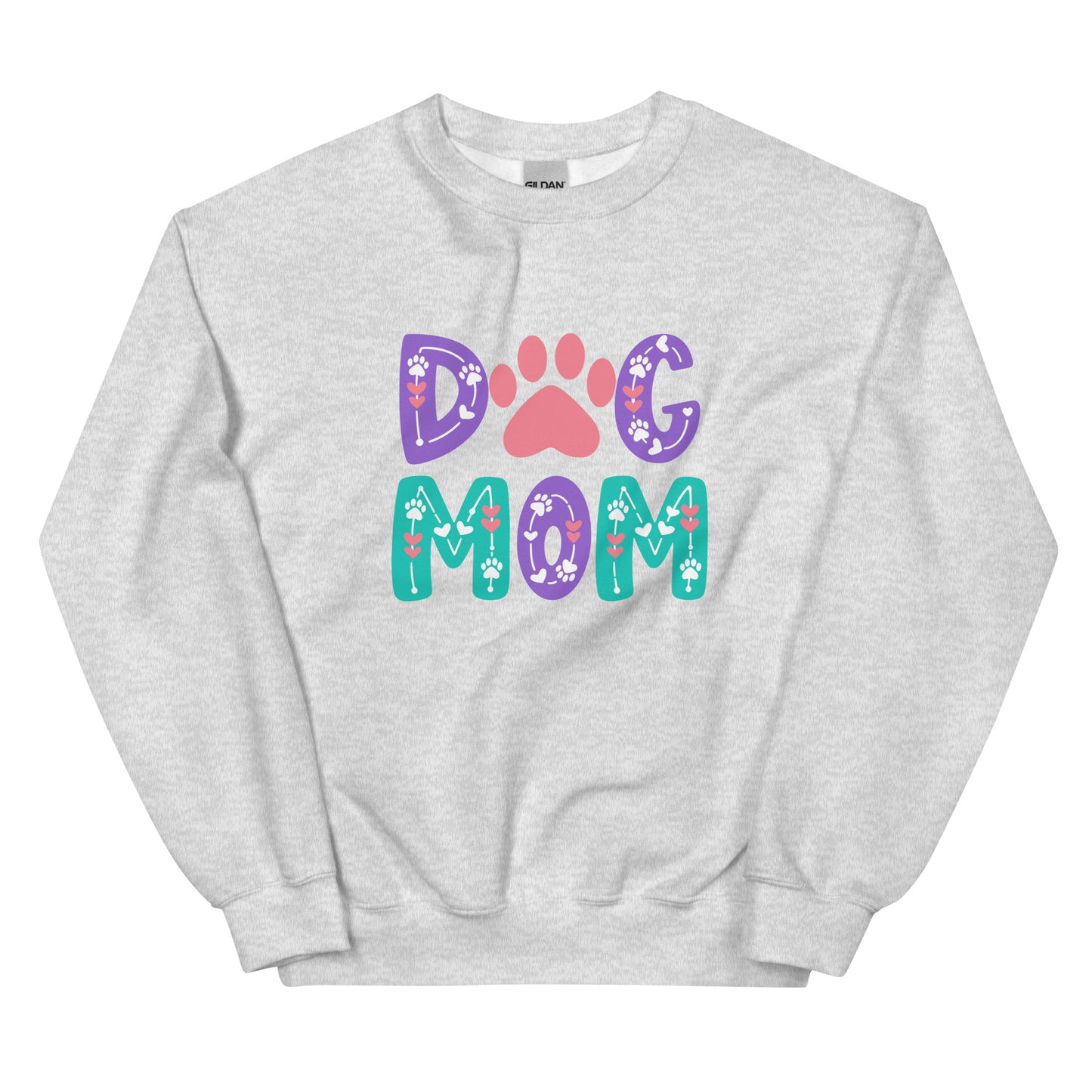 Gray sweatshirt with 'Dog Mom' text and paw prints on a white background