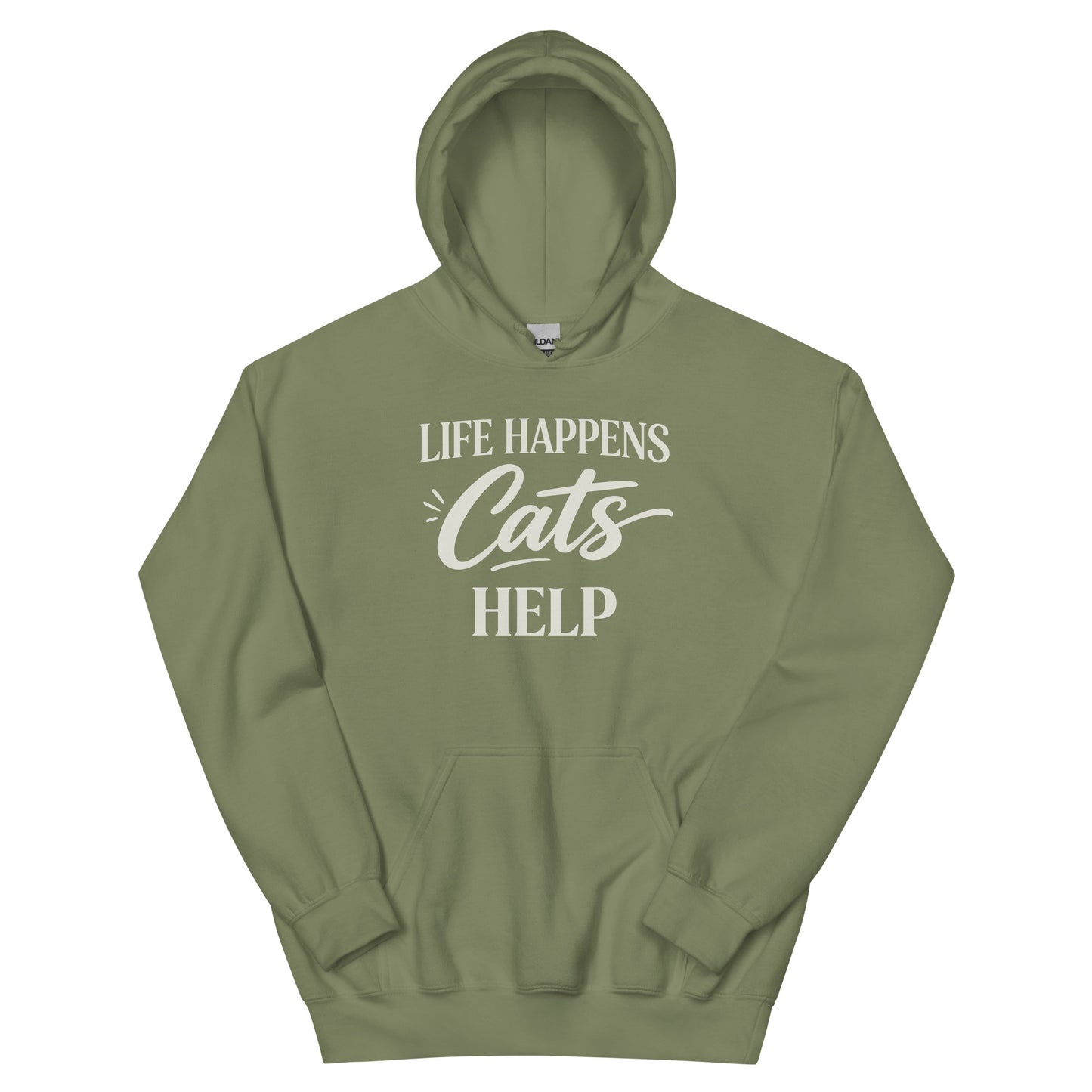 Green hoodie with 'Life Happens Cats Help' text and stars on a white background