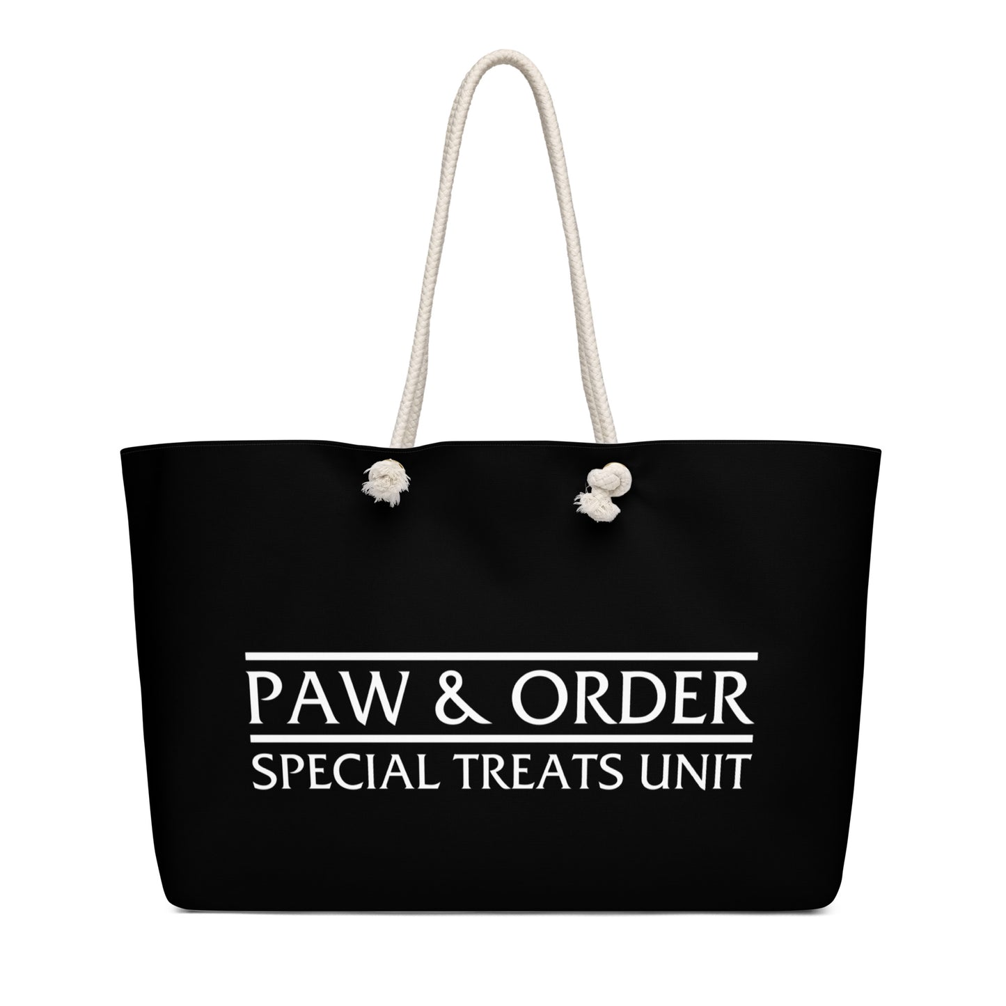 Front view of a Black tote bag with tan rope handles. Design is black with white lettering that reads: Paw & Order- Special Treats Unit