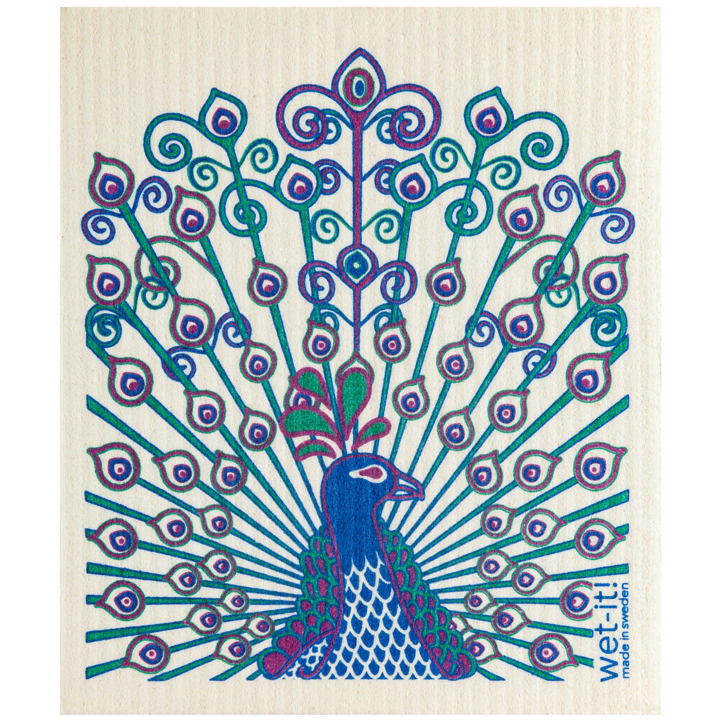 A white reusable cloth with a colorful peacock design.