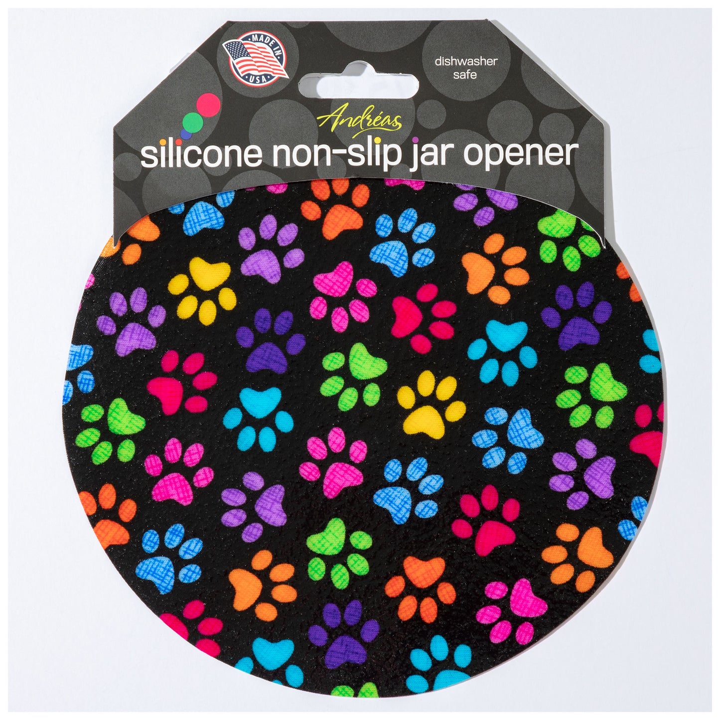 A silicone jar opener with a non-slip grip, featuring a colorful paw print pattern on a black background, packaged with a product label.