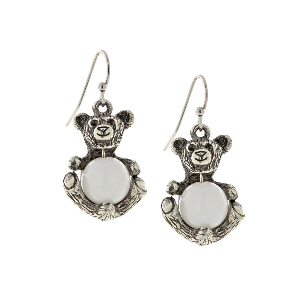 1928 Jewelry® Pewter Round Semi Precious White Quartz Teddy Bear Wire Earrings