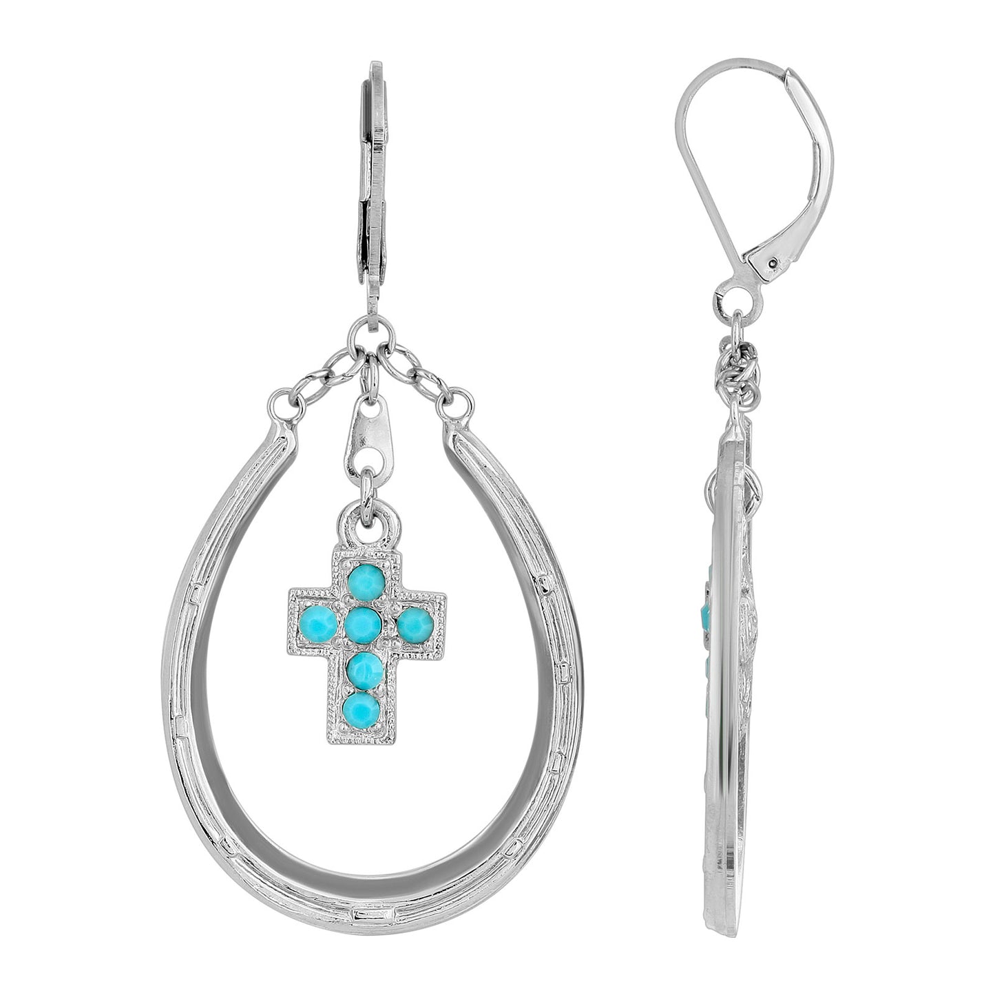 1928 Jewelry® Silver Tone Turquoise Cross Horseshoe Earrings