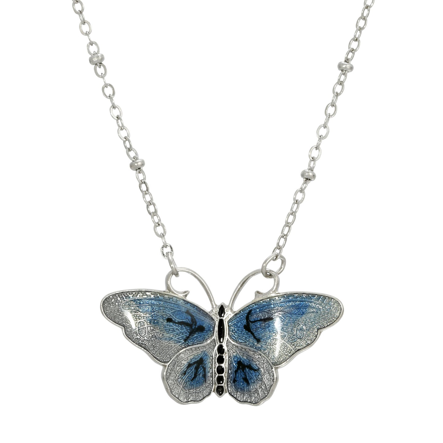 1928 Jewelry® Silver-Tone Blue And Black Enamel Butterfly Necklace 16”Adj.
