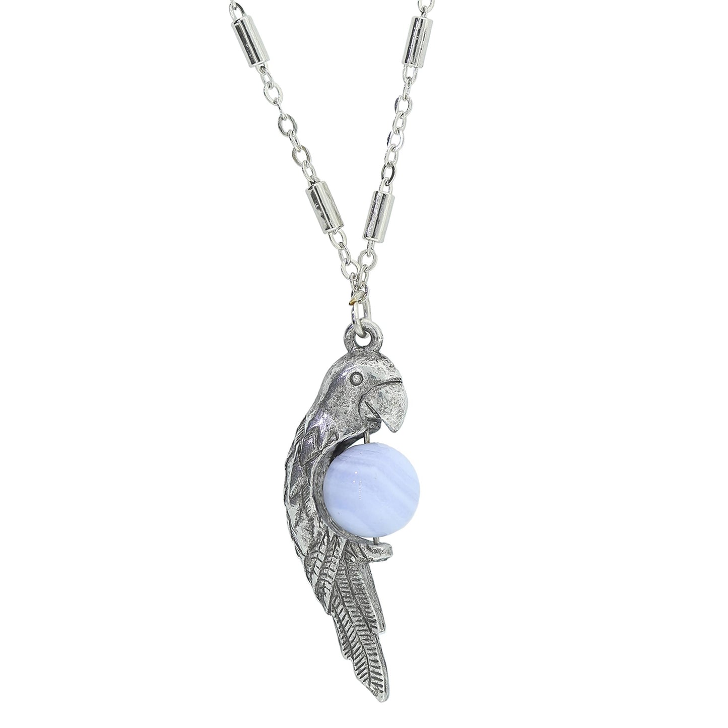1928 Jewelry® Pewter Parrot With Blue Lace Agat Bead Necklace 16"Adj.