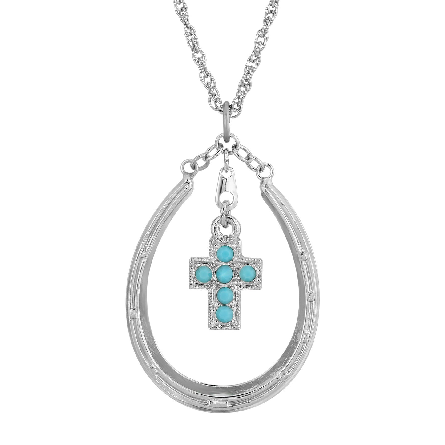 1928 Jewelry® Pewter Horseshoe Turquoise Cross Necklace 16"Adj.