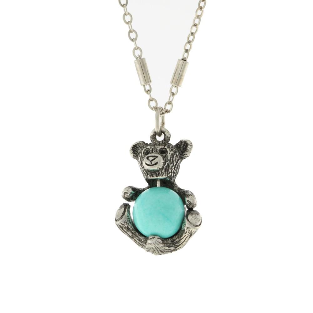 1928 Jewelry® Pewter Round Semi Precious Howlite Dyed Turquoise Teddy Bear Necklace 16" Adj.
