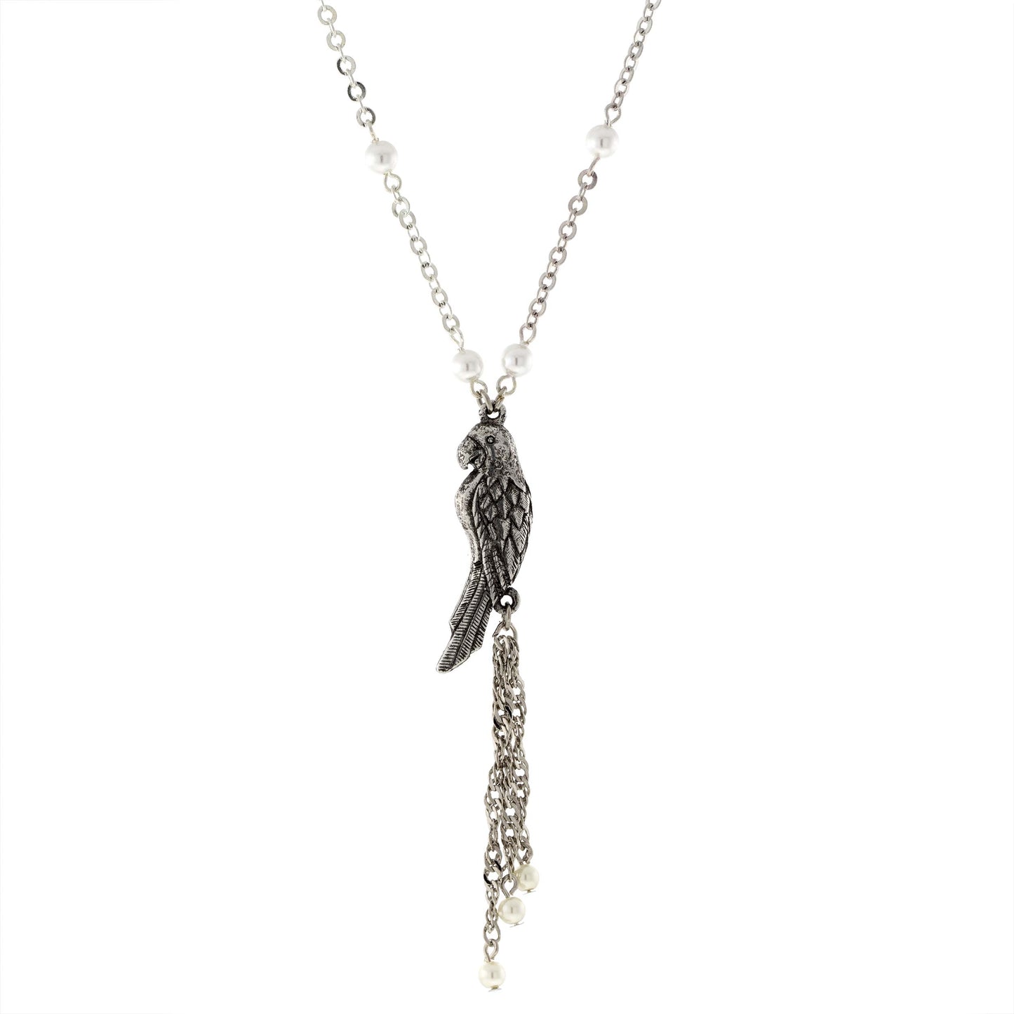 1928 Jewelry® Pewter Parrot With Silver Tone Pearl Chain And Tassel Necklace 16" Adj.