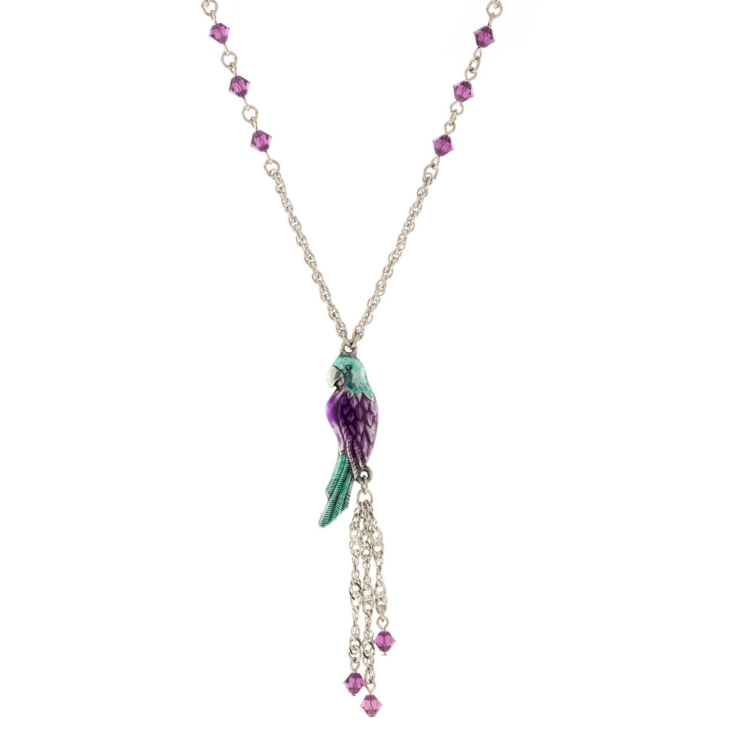 1928 Jewelry® Silver Tone Purple & Green Enamle Parrot With Purple Beads Necklace 16"Adj.