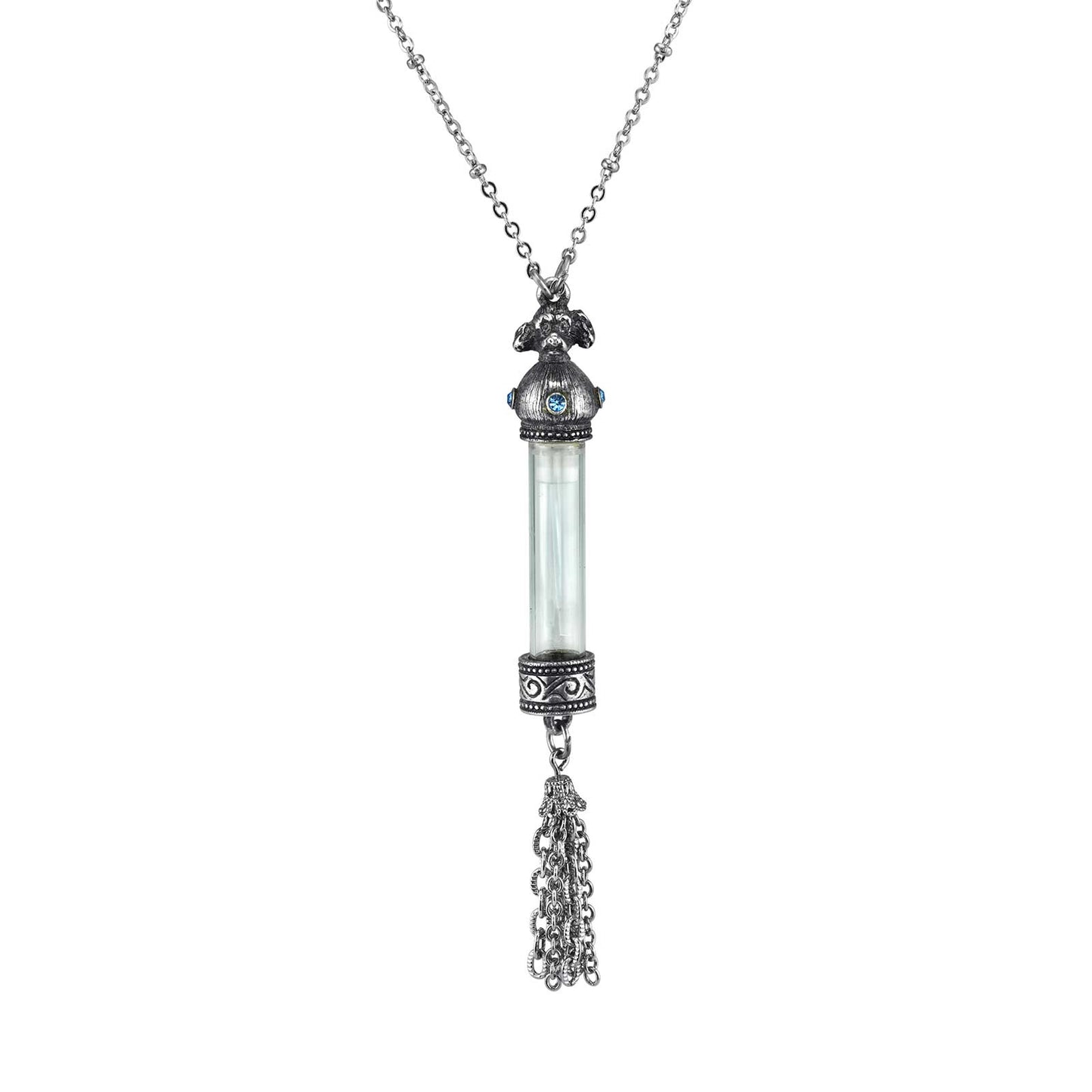 1928 Jewelry® Pewter Blue Crystal Dog Vial With Tassle Necklace 30In