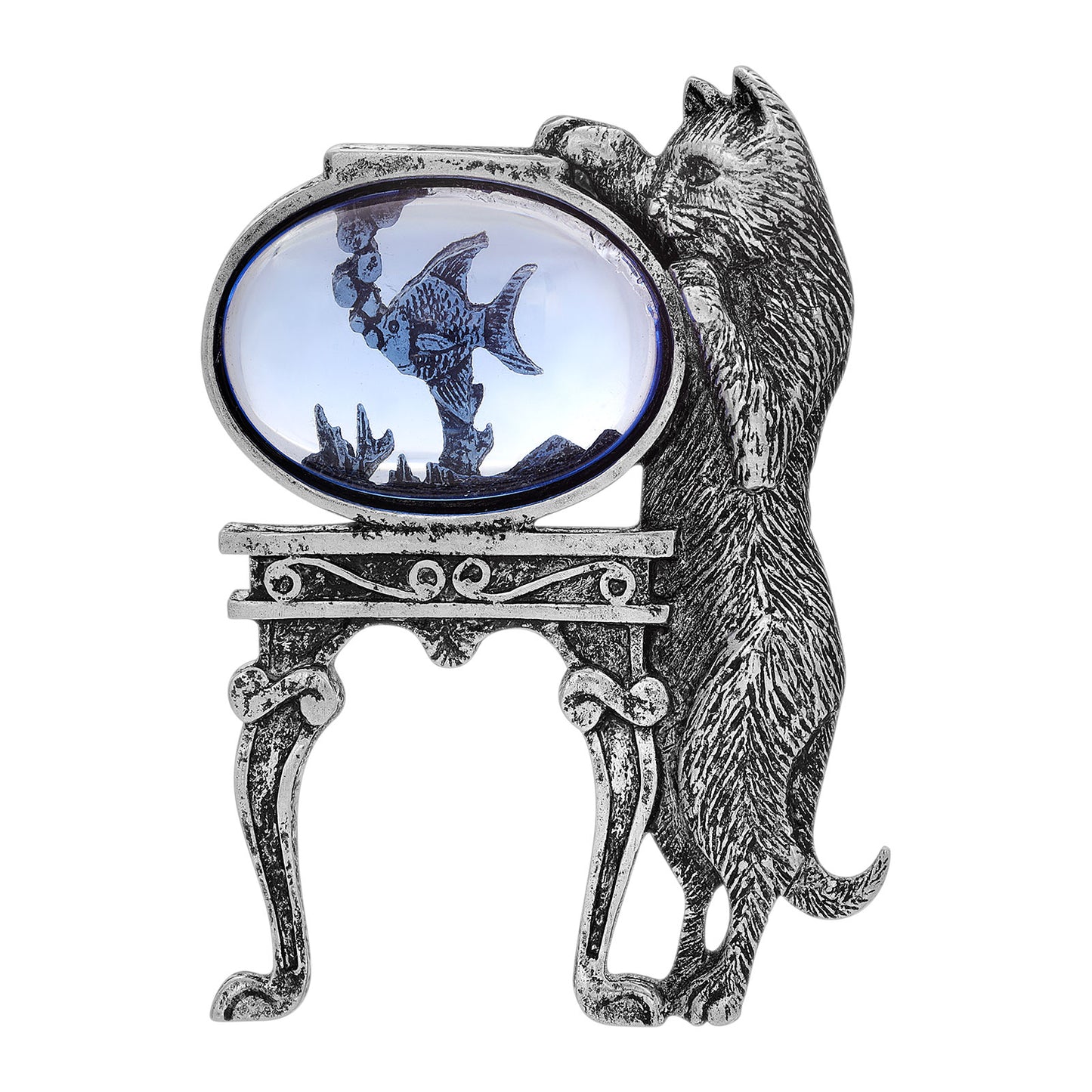 1928 Jewelry® Peweter Cat Blue Fish Bowl Pin