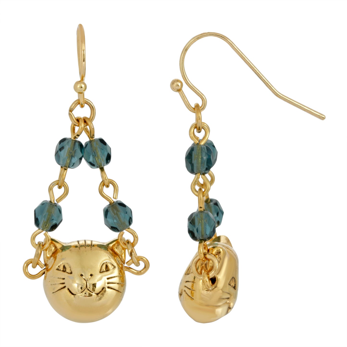 1928 Jewelry® 14K Gold Dipped Cat Face With Blue Beaded Chain Drop Wire Earrings