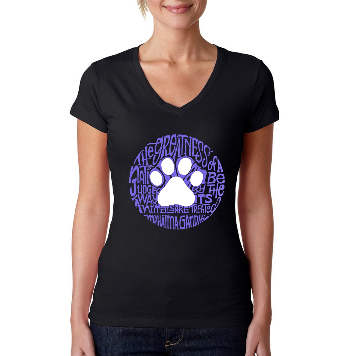 Gandhi's Quote on Animal Treatment - Women's Word Art V-Neck T-Shirt