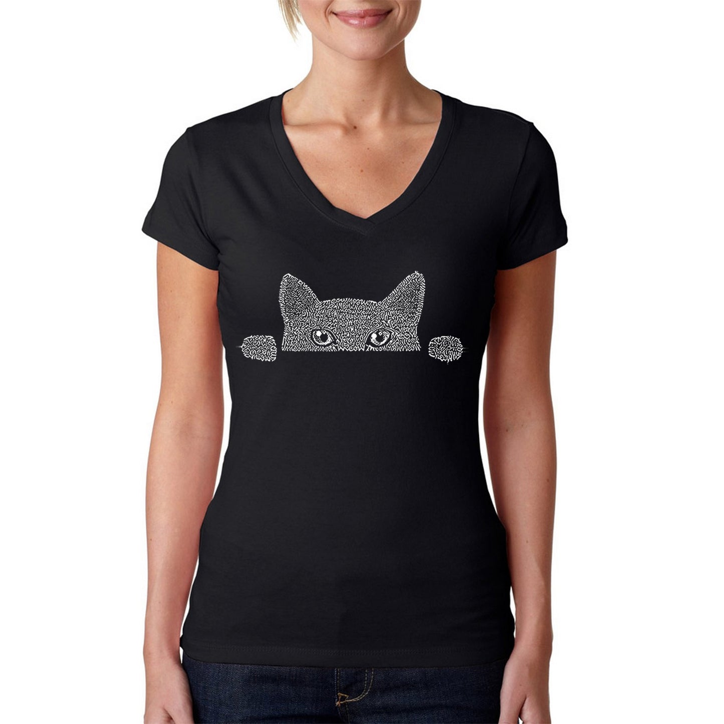 Peeking Cat - Women's Word Art V-Neck T-Shirt