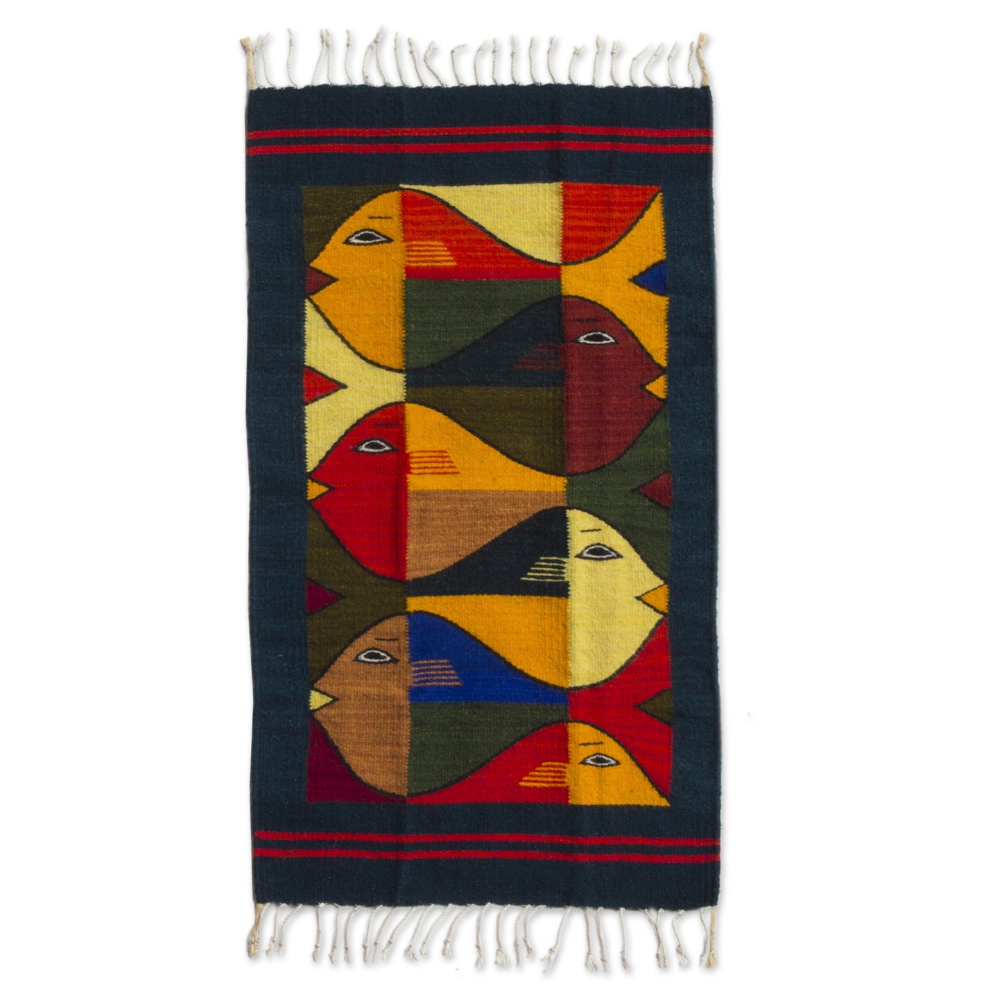 Fish Fiesta Modern Zapotec Wool Rug 2 X 3 Ft Handmade in Mexico