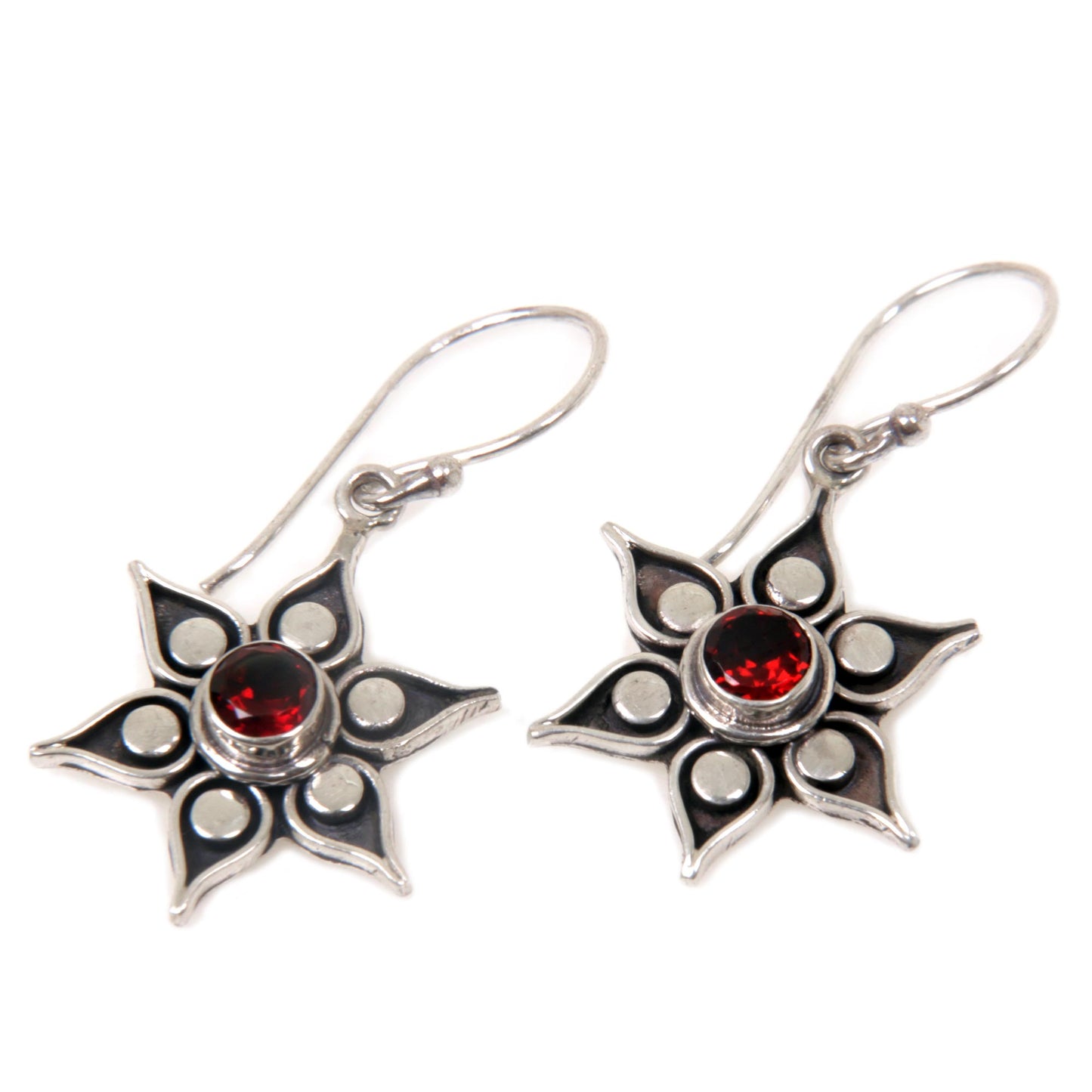 Poinsettias Silver & Garnet Flower Earrings