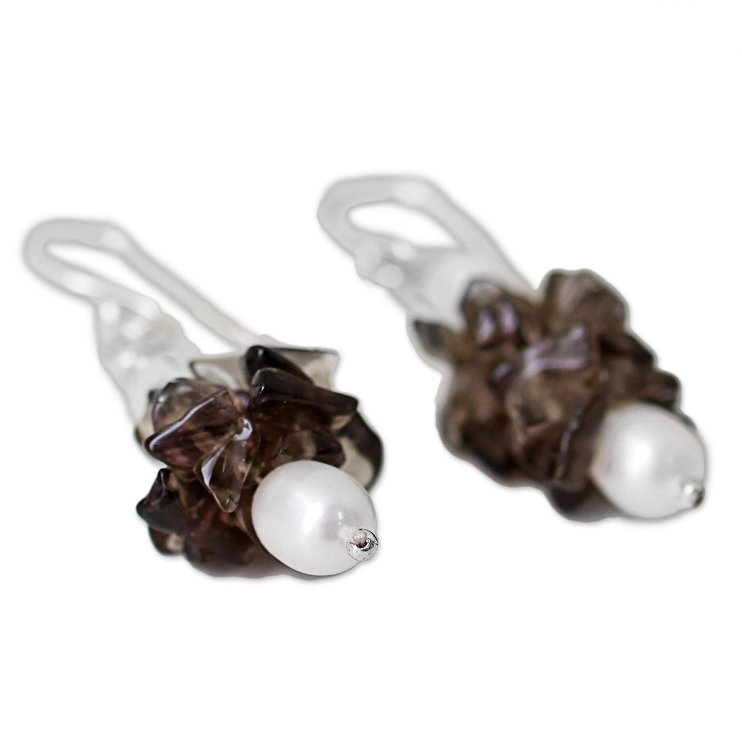 Hazy Moon Smoky Quartz & Pearl Silver Beaded Earrings