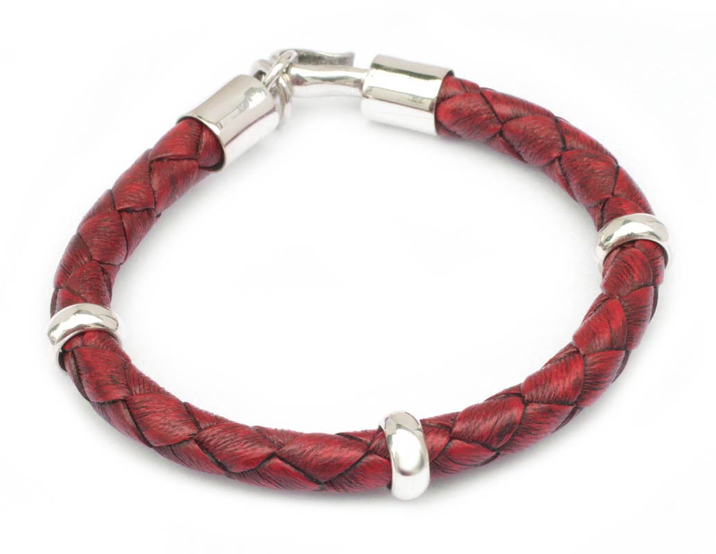 Bold Red Handmade Men's Leather Braided Bracelet with Sterling Silver