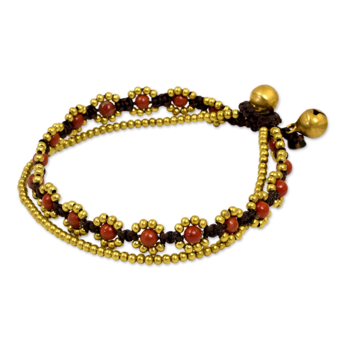 Fiery Sky Hand Knotted Beaded Bracelet with Jasper and Brass Bells
