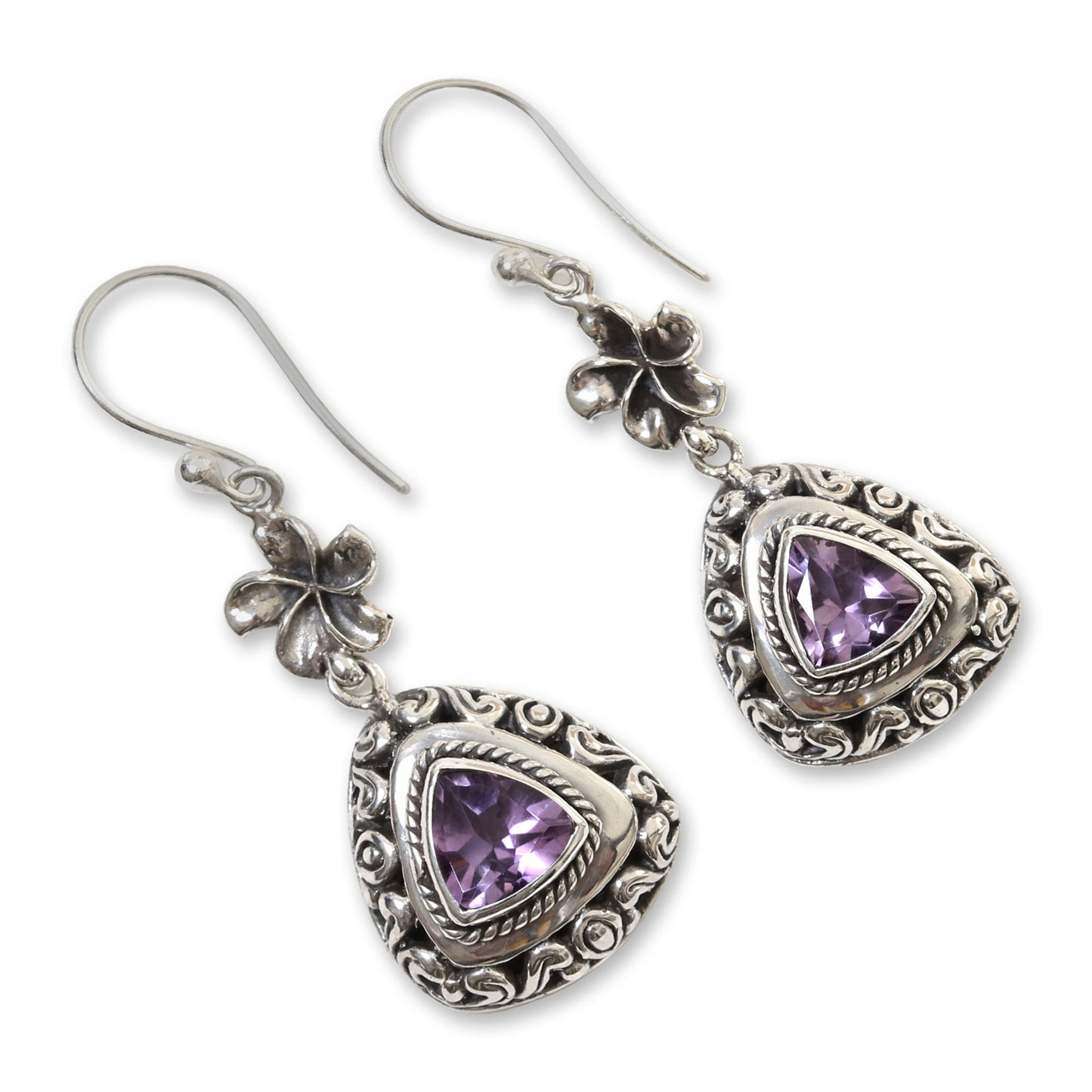 Purple Plumeria Sterling Silver Flower Dangle Earrings with Amethysts