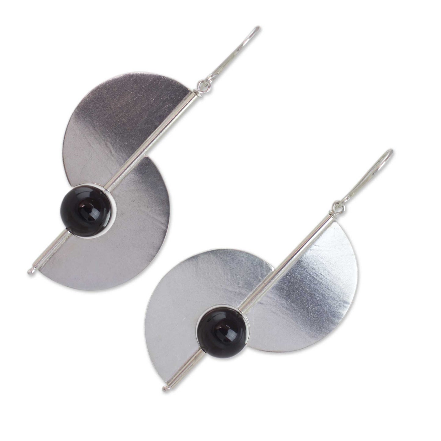 Two Moons Modern Geometric Sterling Silver and Onyx Hook Earrings