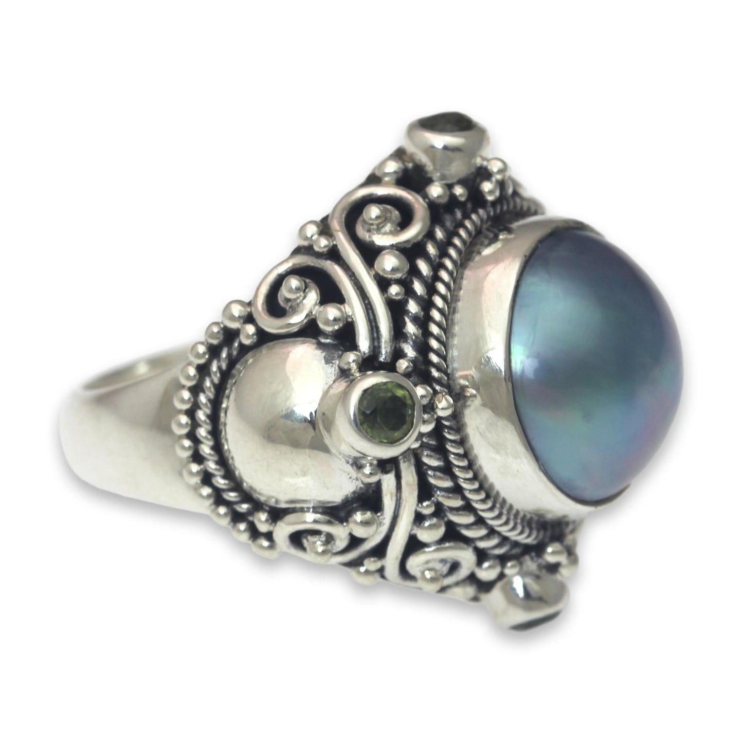 Regal Blue Glory Artisan Crafted Blue Mabe Pearl and Peridot Cocktail Ring