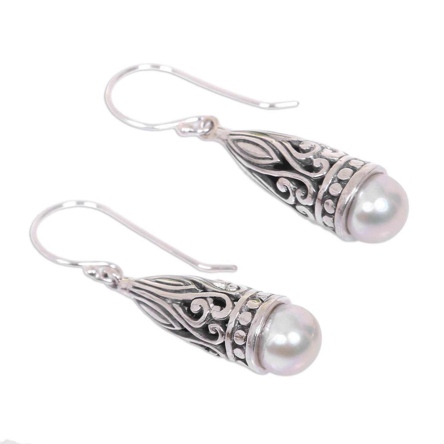 Radiant Lotus Bud Ornate Balinese Silver and Cultured Pearl Earrings
