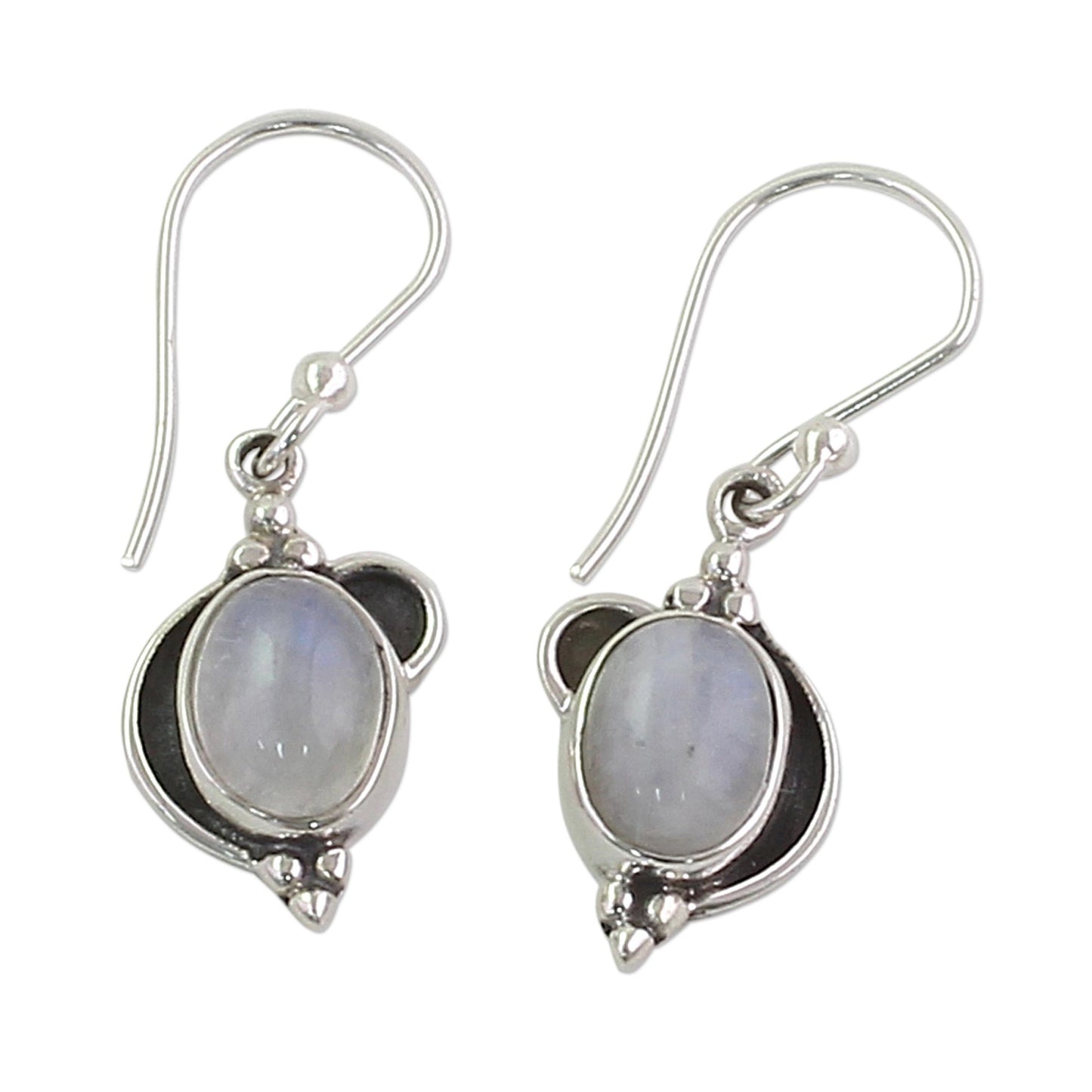 Rainbow Ovals Sterling Silver Rainbow Moonstone Dangle Earrings from India