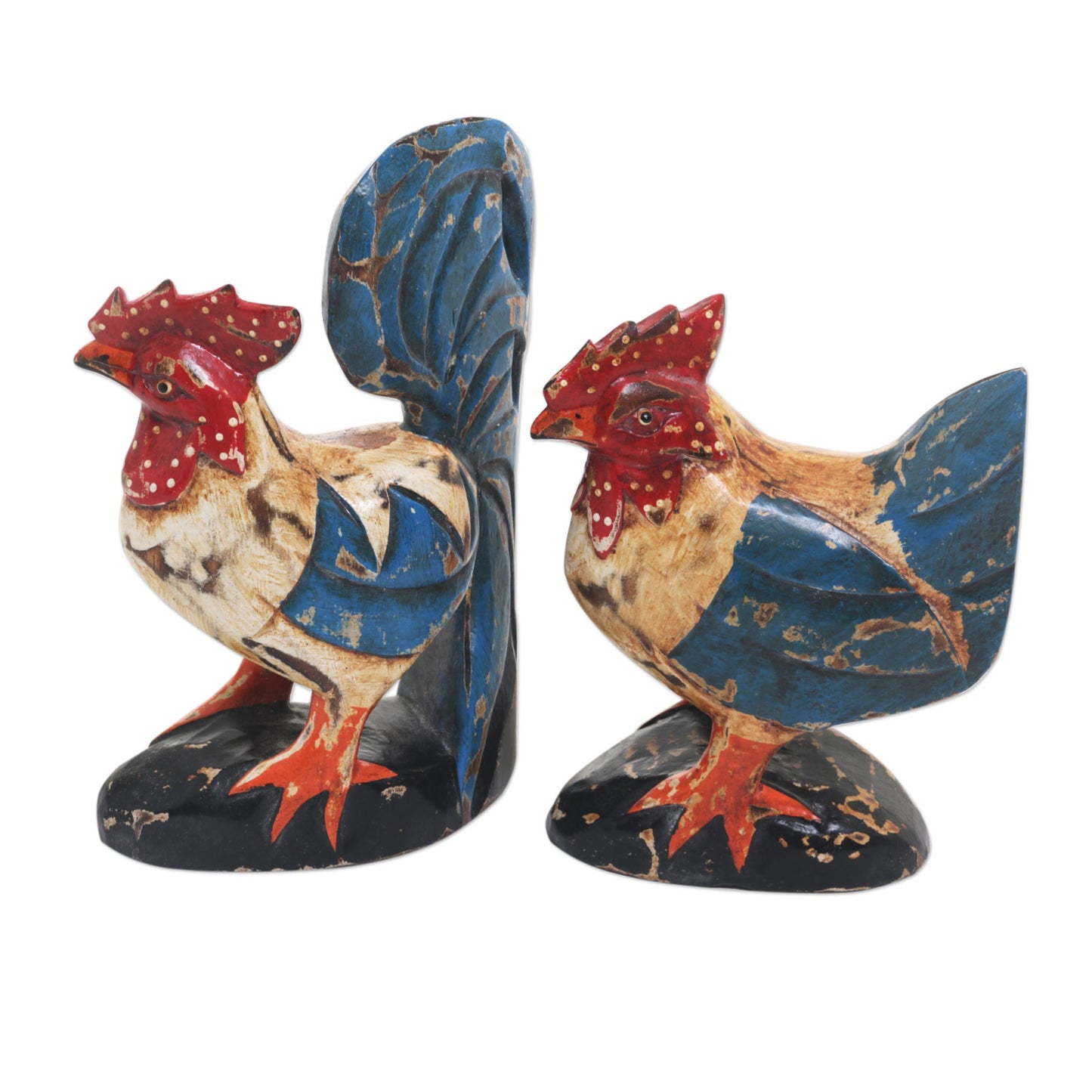 Chicken Couple Wood Chicken Sculptures Blue Red (Pair) from Indonesia