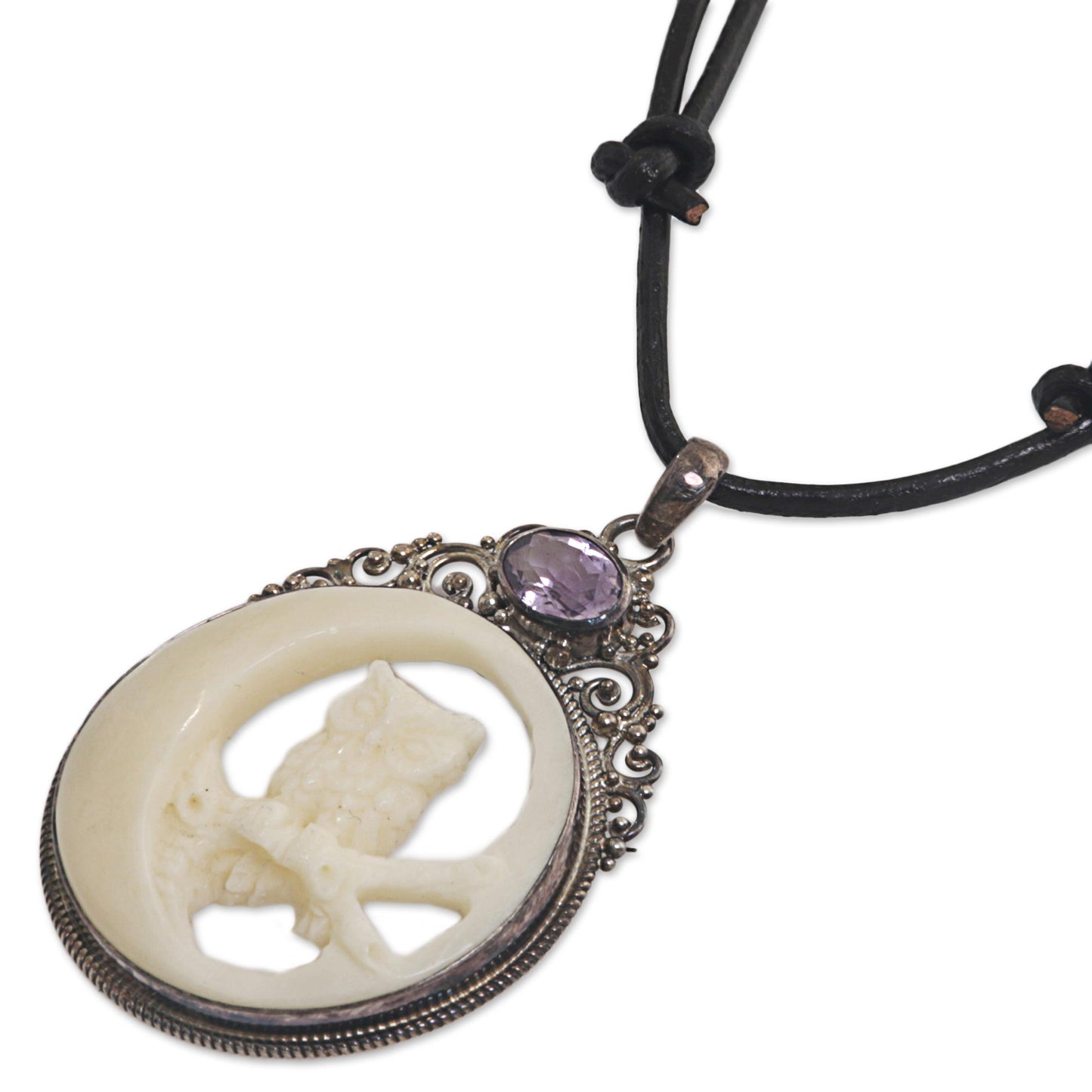 Nighttime Owl Amethyst Silver Bone Leather Pendant Necklace