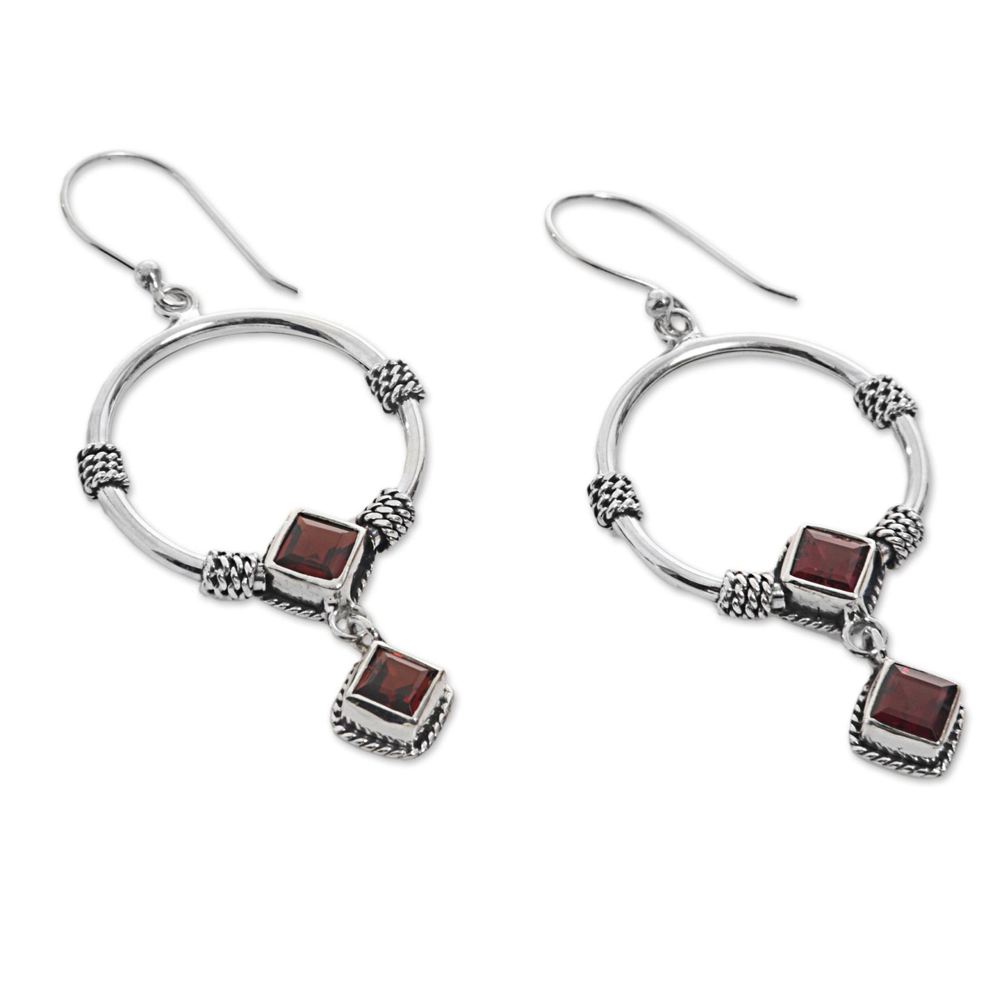Rings of Happiness in Red Sterling Silver and Garnet Dangle Earrings from Indonesia