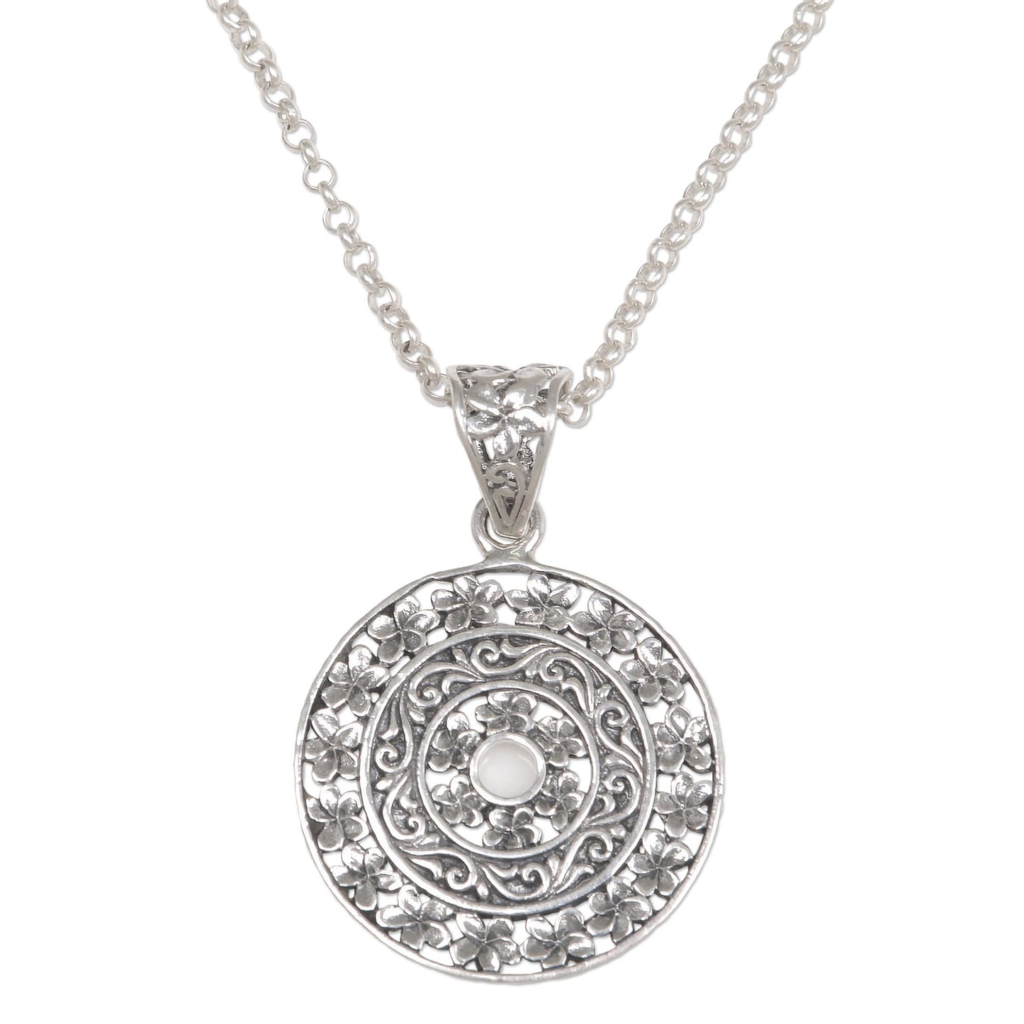 Frangipani Altar Circular Floral Sterling Silver Pendant Necklace Indonesia